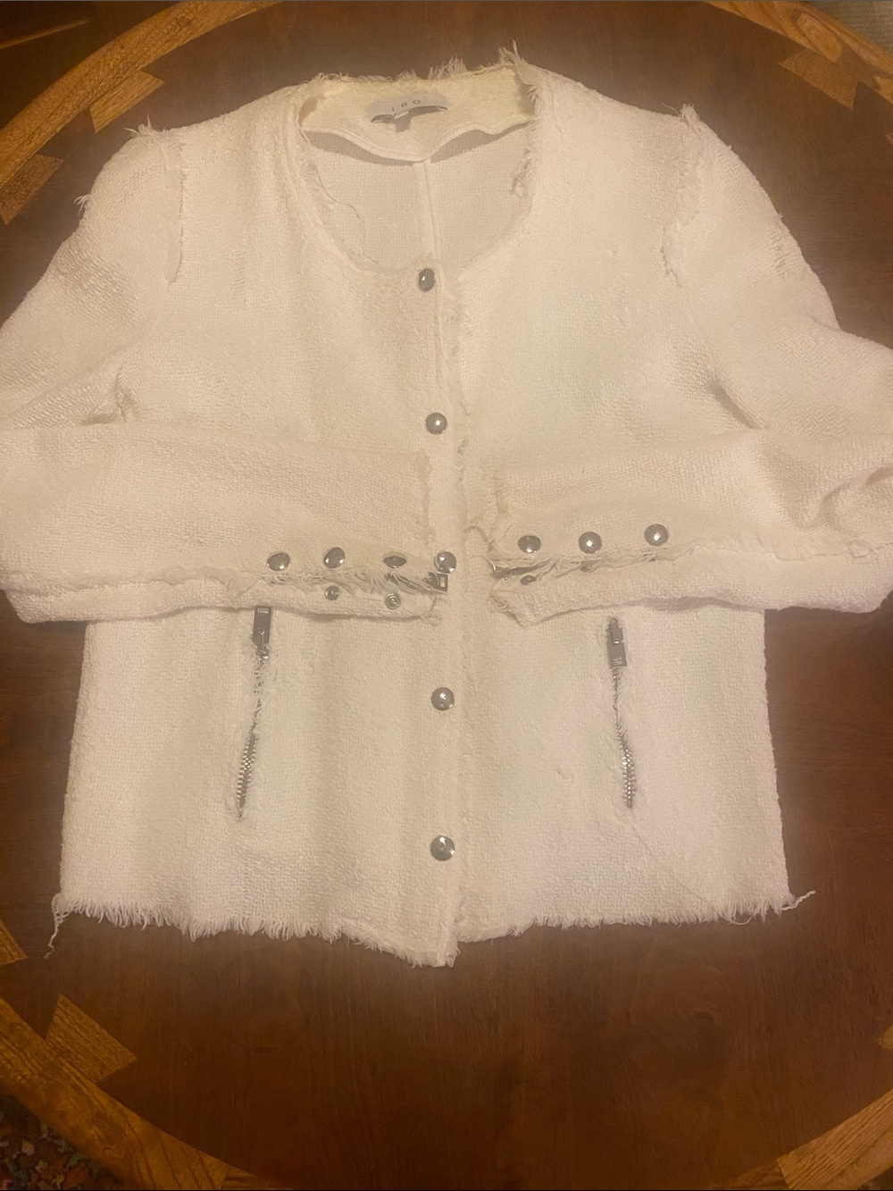 IRO Distressed Cream Bouclé  Jacket with Silver Hardware 40